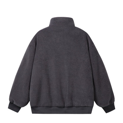 Unisex Sherpa fleece jacket in boxy cut with stand-up collar, block stripes and embroidery details EVA-US