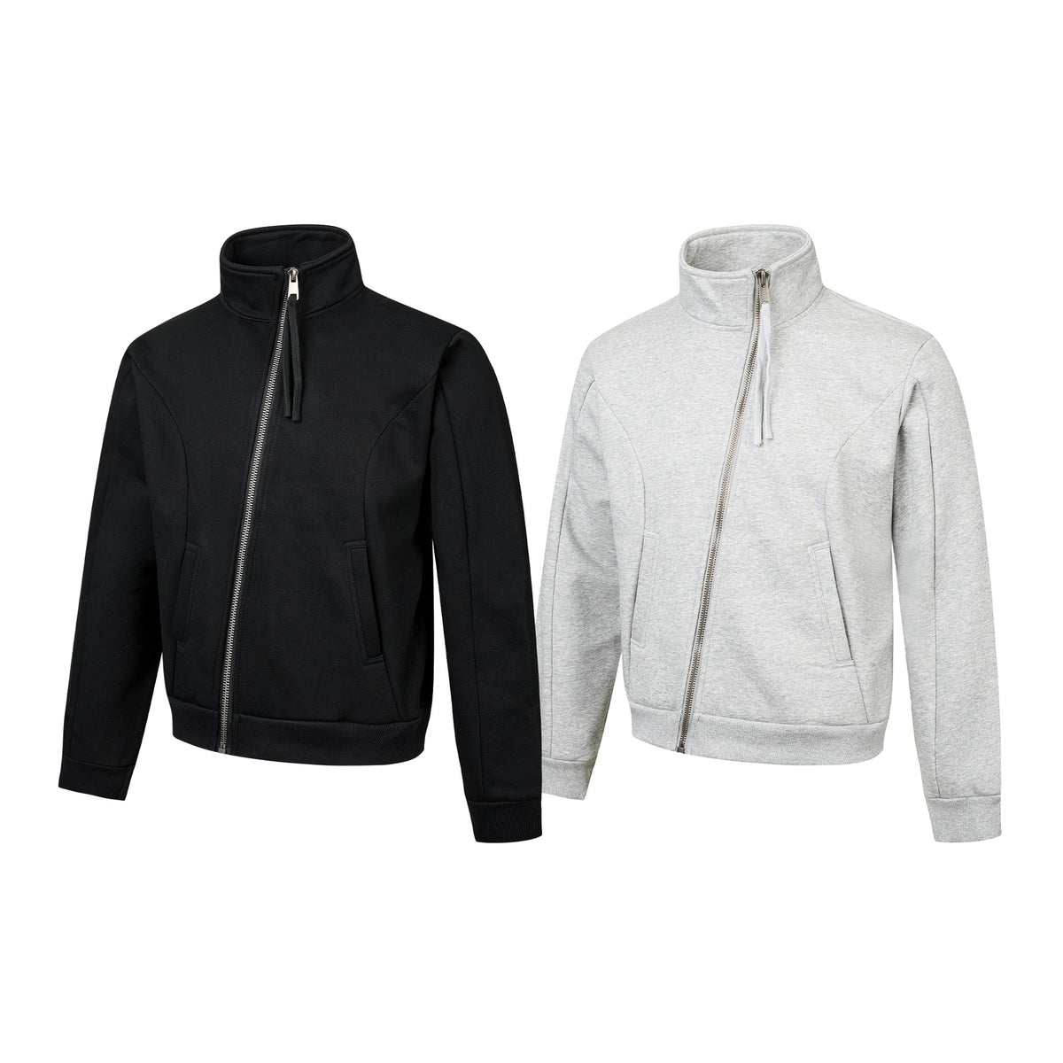 Unisex Short-cut Sweat Jacket with High Stand-up Collar and Asymmetrical Zipper EVA-US