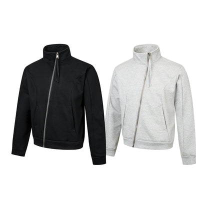 Unisex Short-cut Sweat Jacket with High Stand-up Collar and Asymmetrical Zipper EVA-US