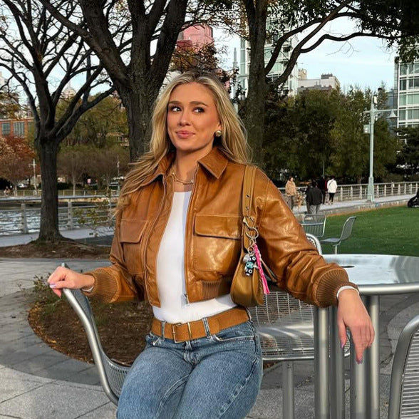 Women's Short Leather-Look Blouson Jacket with Large Flap Pockets and Ribbed Cuff EVA-US