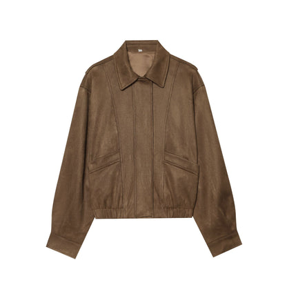 Women's cropped blouson jacket in suede look with shirt collar, epaulettes, and elastic waistband.