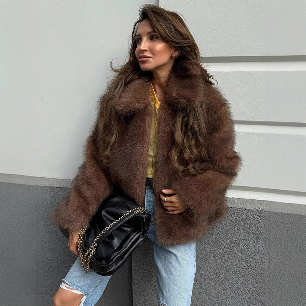 Women's Short Cut Voluminous Faux Fur Coat with Wide Shawl Collar EVA-US
