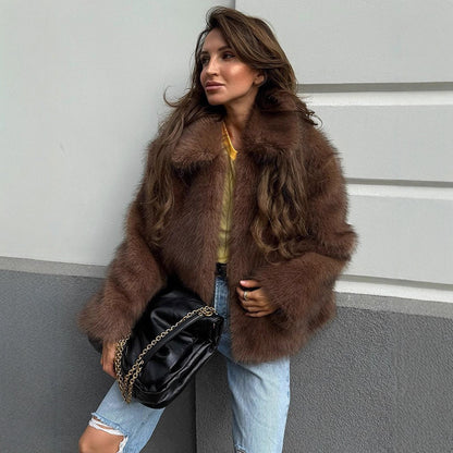 Women's Short Cut Voluminous Faux Fur Coat with Wide Shawl Collar EVA-US
