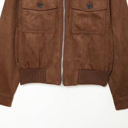 Women's Velour Leather Look Bomber Jacket with Ribbed Hem, Breast Pockets, and Full Zipper EVA-US