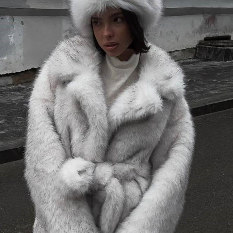 Ladies Voluminous Short Coat made of Faux Fur with Belted Waist and Oversized Shawl Collar EVA-US