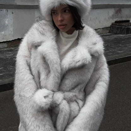 Ladies Voluminous Short Coat made of Faux Fur with Belted Waist and Oversized Shawl Collar EVA-US
