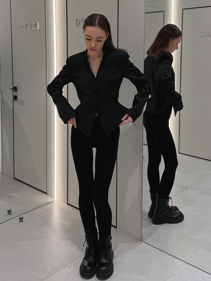 Women's peplum blazer with mandarin-like neckline and decorative knot fastenings EVA-US