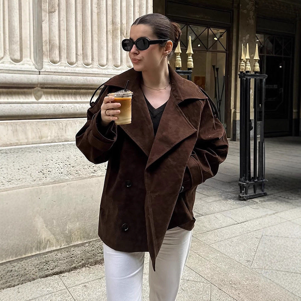Women's short trench coat in suede look with wide lapels and boxy silhouette EVA-US
