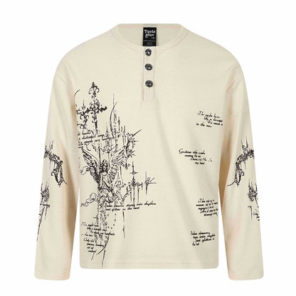 Unisex Waffle Knit Henley Long Sleeve Shirt with 3-Button Placket and Allover Print EVA-US