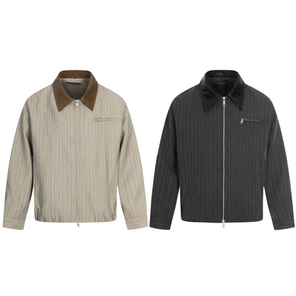 Men's Short Boxy Blouson Jacket in Linen Look with Leather Collar EVA-US