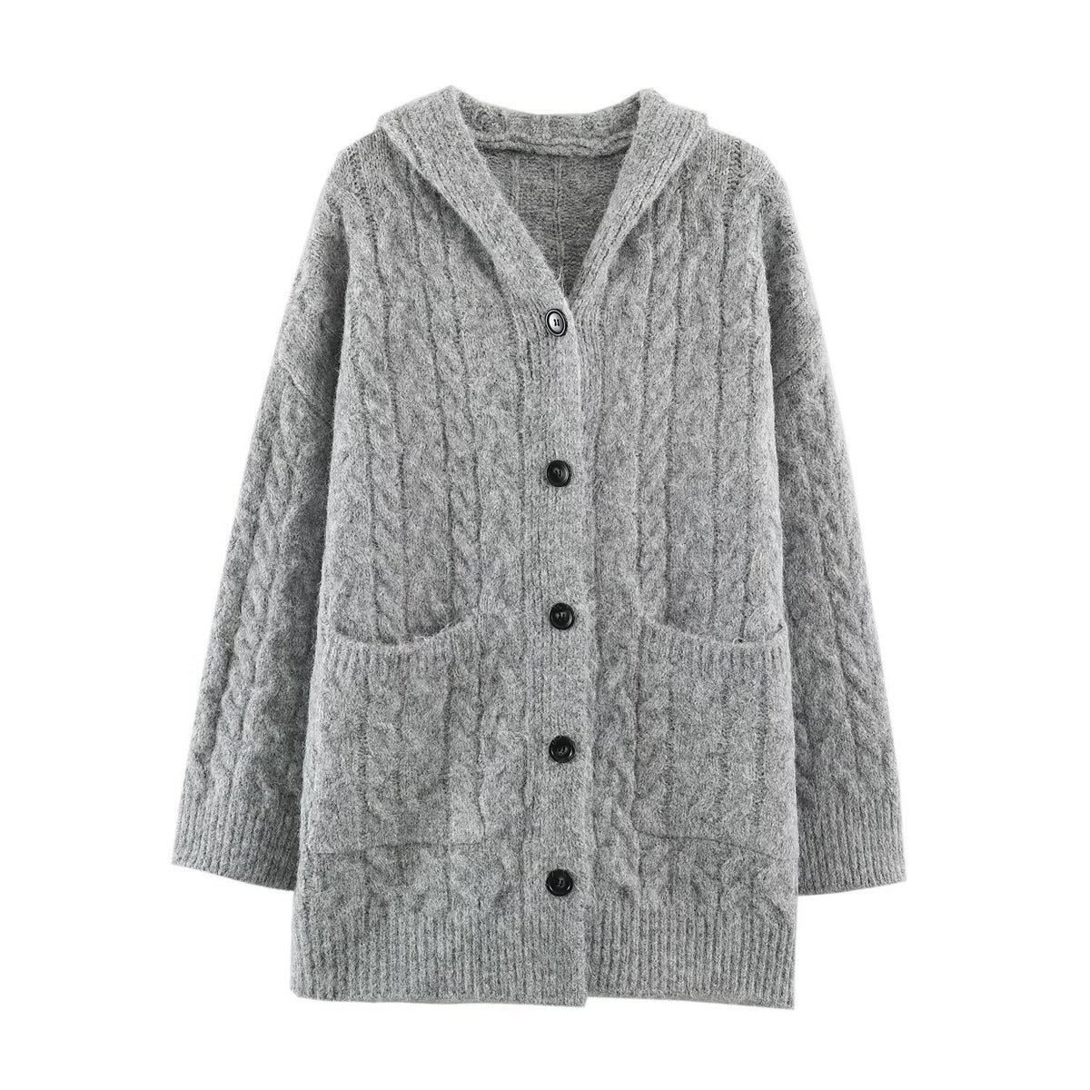 Women's Long Knitted Hooded Cardigan with Cable Pattern and Button Placket EVA-US