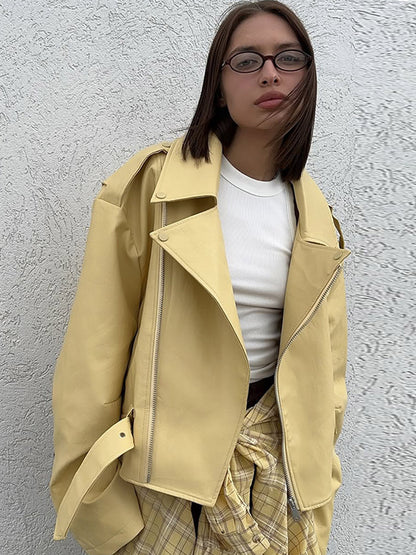 Women's Oversized Biker Jacket made of vegan leather imitation with large lapels and waist belt EVA-US