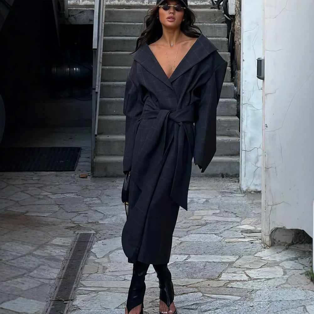 Women’s Oversize Wrap Coat with Wide Shawl Collar and Tying Belt EVA-US