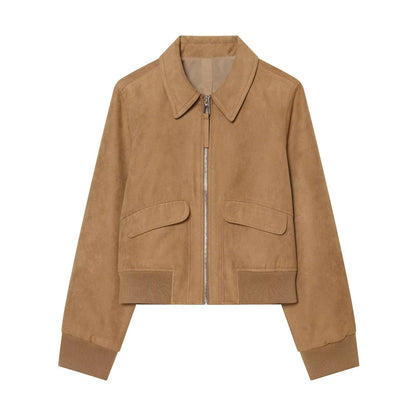 Women's Short Jacket in Suede Look Bomber with Zipper, Flap Pockets and Ribbed Cuffs EVA-US