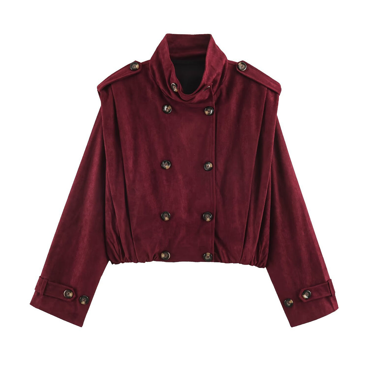 Women's Short-Cut Double-Breasted Suede-Look Bomber with Stand-Up Collar and Shoulder Patches EVA-US