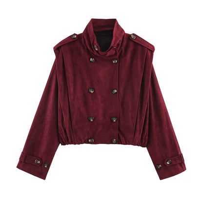 Women's Short-Cut Double-Breasted Suede-Look Bomber with Stand-Up Collar and Shoulder Patches EVA-US