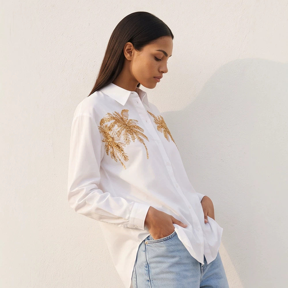 Women's shirt blouse with sequin palm applique, oversized cut & classic collar EVA-US