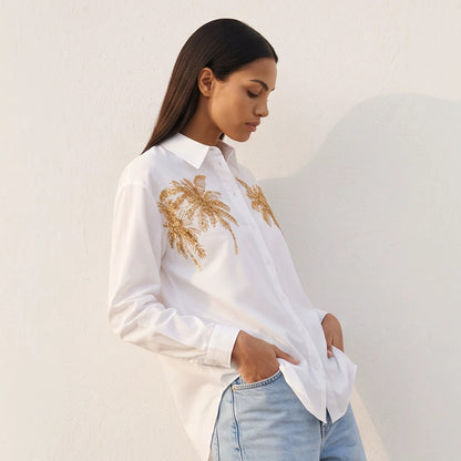 Women's shirt blouse with sequin palm applique, oversized cut & classic collar EVA-US