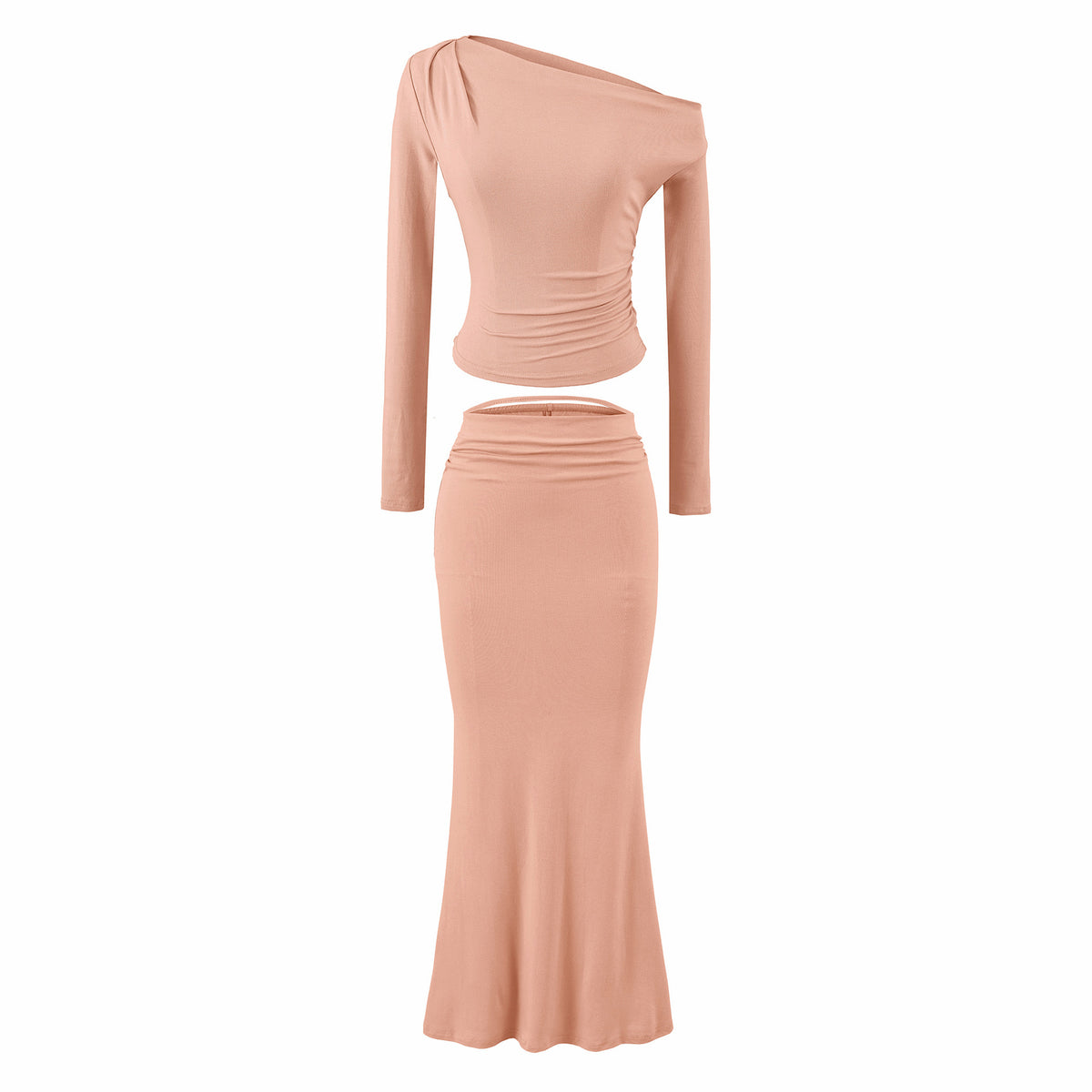 Women's One-Shoulder Two-Piece Set with Ruched Crop Top and Fitted Maxi Skirt EVA-US