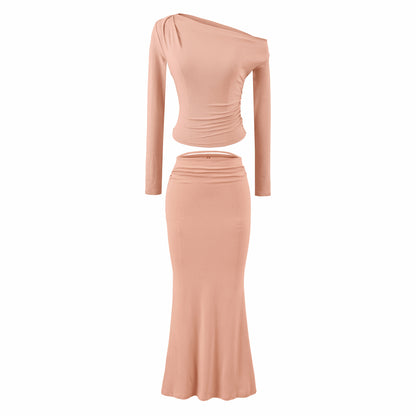 Women's One-Shoulder Two-Piece Set with Ruched Crop Top and Fitted Maxi Skirt EVA-US