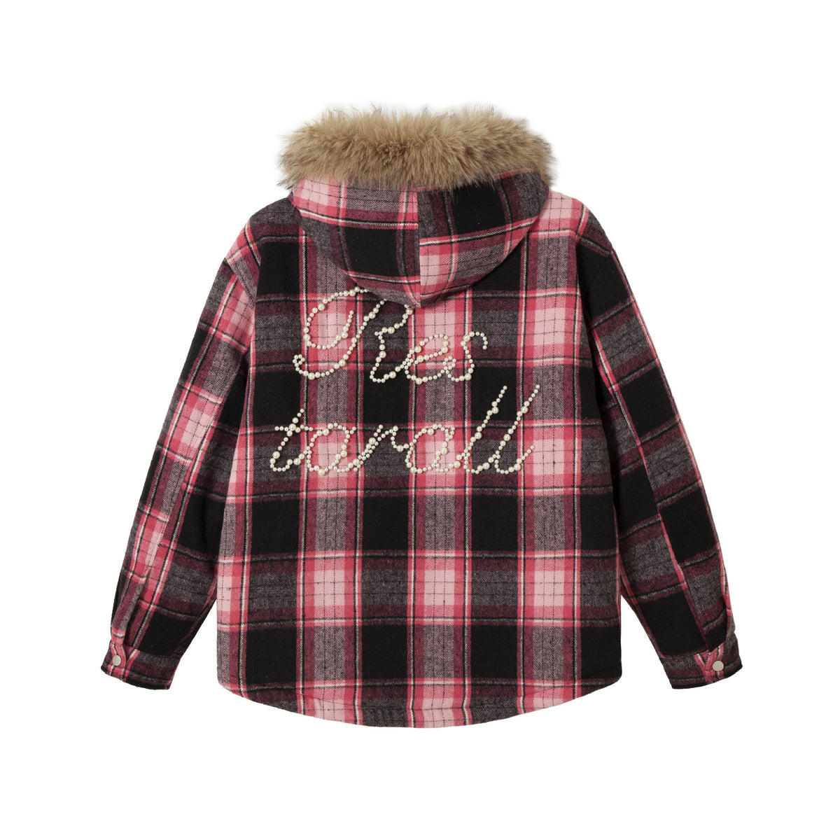 Women's checked wool blend blouson with detachable faux fur collar and pearl appliqué EVA-US