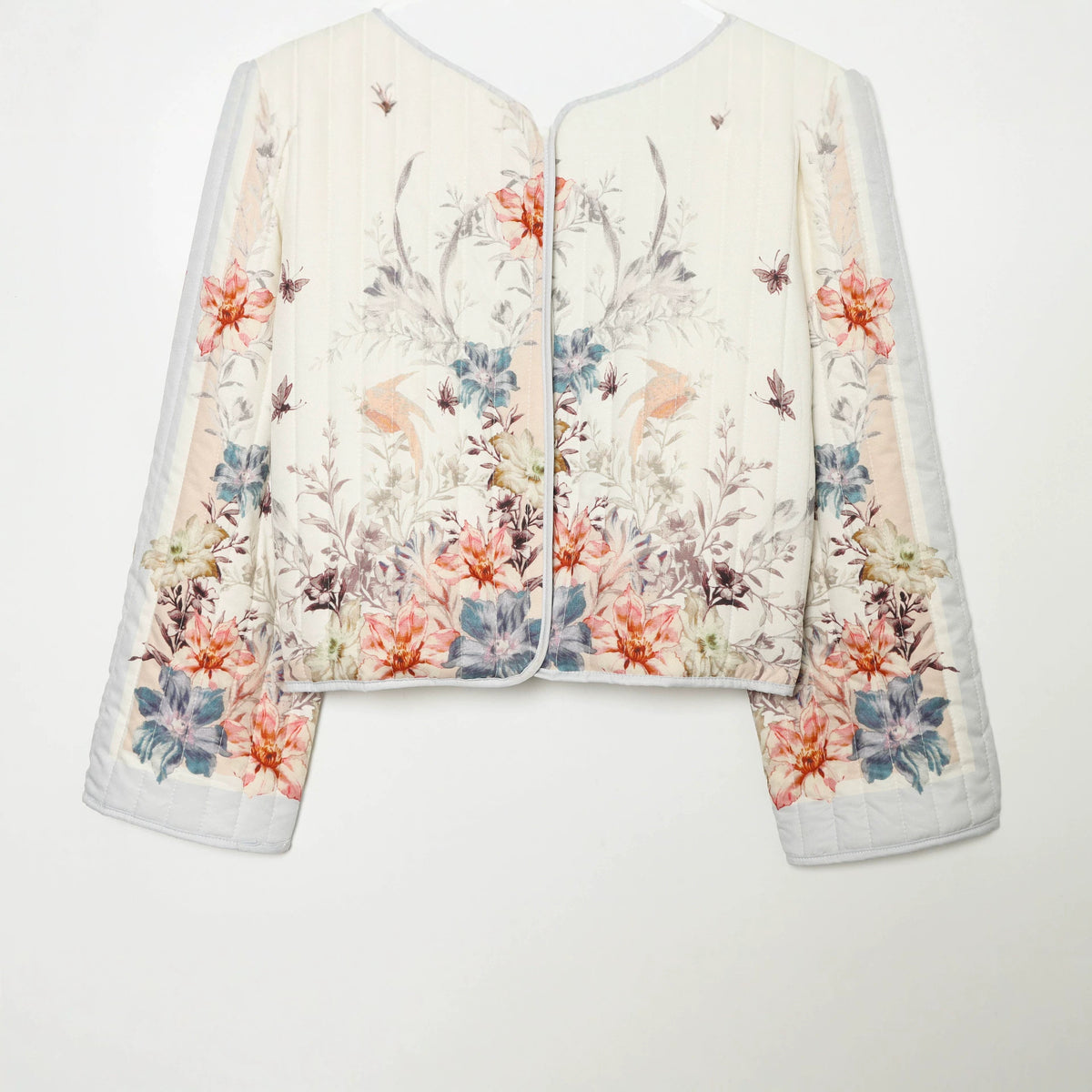 Women's Quilted Cropped Transitional Jacket with Floral Allover Print and Round Neckline EVA-US