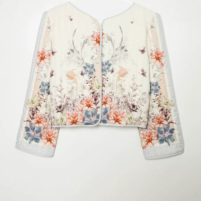 Women's Quilted Cropped Transitional Jacket with Floral Allover Print and Round Neckline EVA-US