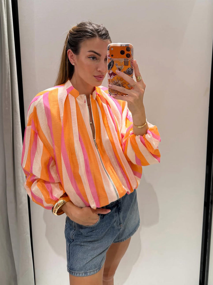 Women Striped Lightweight Bomber Jacket with Balloon Sleeves and Stand Collar EVA-US