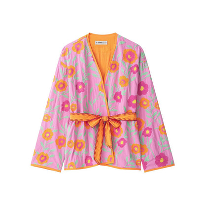 Women's Embroidered Kimono Jacket with Waist Tie Belt and Floral Embroidery EVA-US