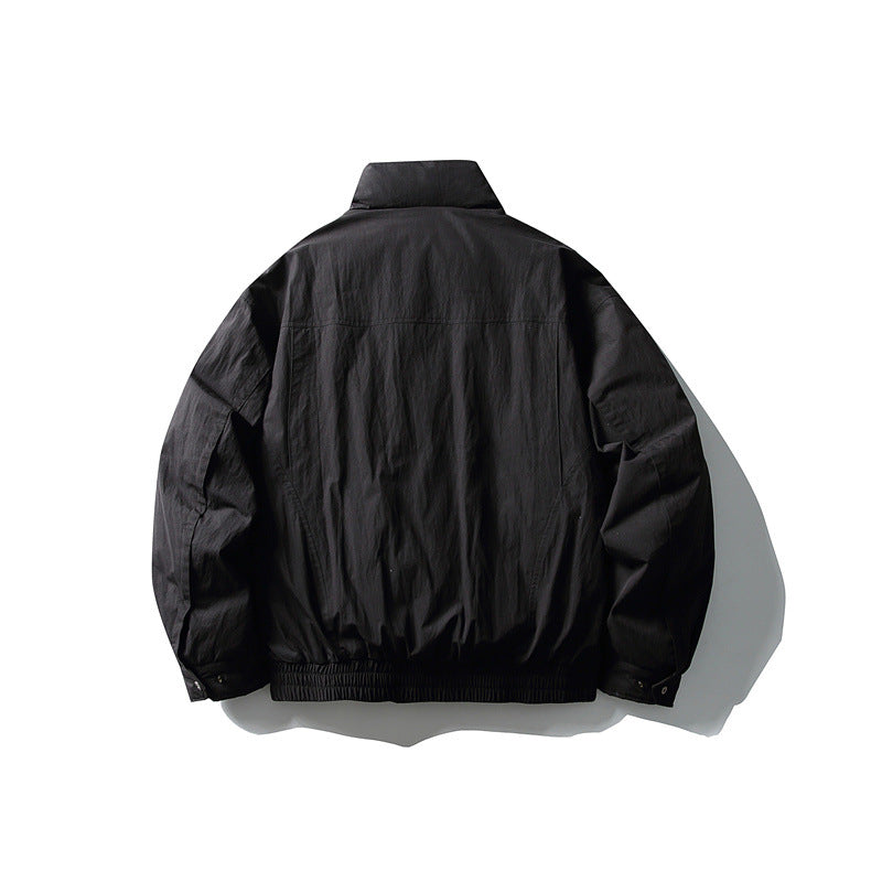 Men's Minimalistic Boxy Windbreaker Jacket with High Stand Collar and Diagonal Zipper Pockets EVA-US
