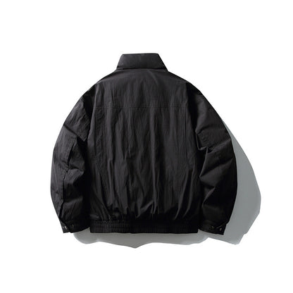 Men's Minimalistic Boxy Windbreaker Jacket with High Stand Collar and Diagonal Zipper Pockets EVA-US
