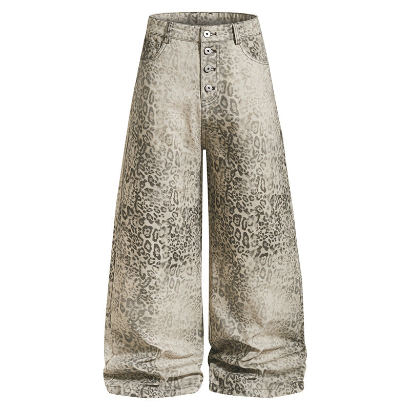 Women High-Waisted Balloon Jeans in Animal Print with Wide Culotte Cut and Button Placket EVA-US