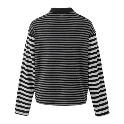 Women's Striped Long Sleeve Polo with Large Kent Collar, Print and Rhinestone Applications EVA-US