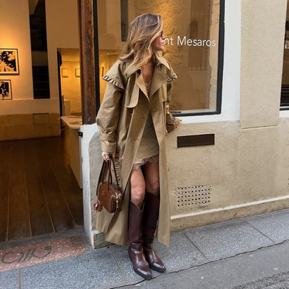 Women's maxi long trench coat with flounce shoulder cape and adjustable cuffs EVA-US