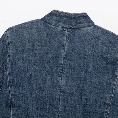 Women's Cropped Denim Jacket in Boxy Cut with Stand Collar and Concealed Button Placket EVA-US