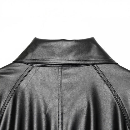 Women's Cropped Faux Leather Jacket with Wide Funnel Collar and Double-Breasted Button Placket EVA-US