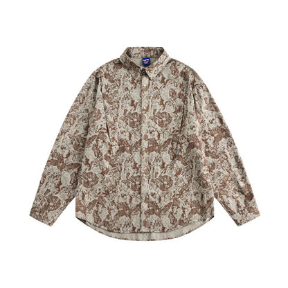 Unisex Oversized Shirt Jacket with Floral Jacquard Structure and Rounded Hem