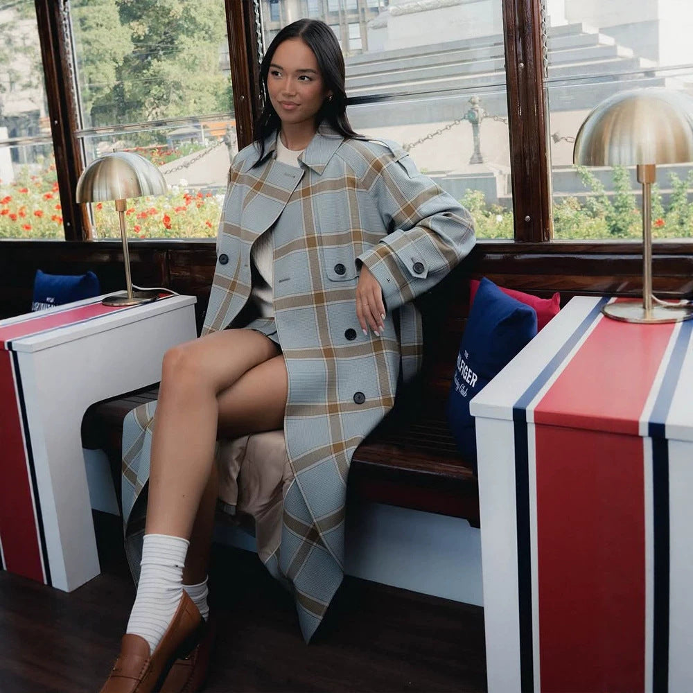 Women's long checkered coat in trench coat style with double button placket EVA-US