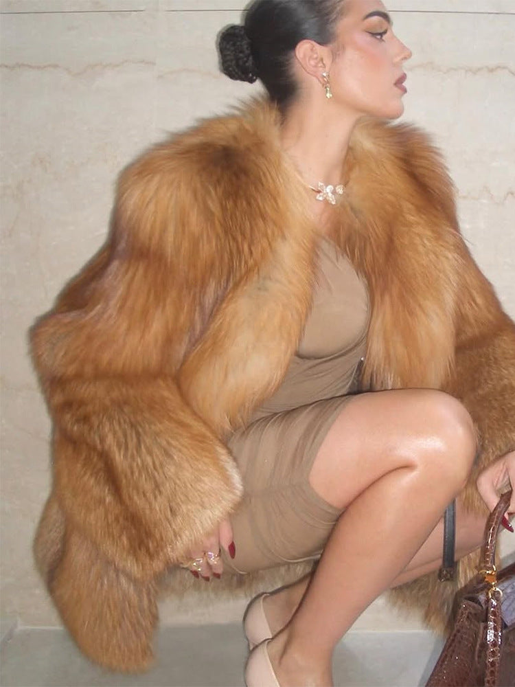 Women's Short Plush Faux Fur Coat with Boxy Silhouette and Voluminous Shawl Collar EVA-US