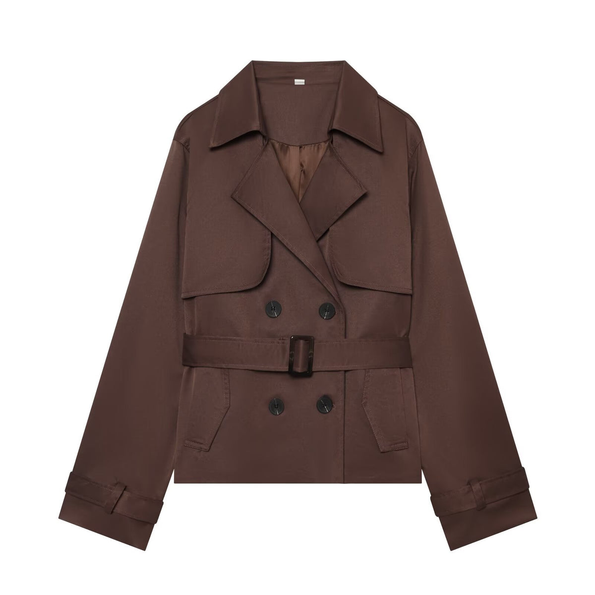 Women's Short Cropped Trench Coat with Double-Breasted Button Placket, Waist Belt, and Epaulettes EVA-US