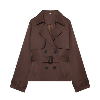 Women's Short Cropped Trench Coat with Double-Breasted Button Placket, Waist Belt, and Epaulettes EVA-US
