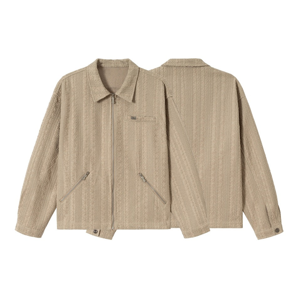 Unisex Textured Zip Blouson Jacket in Boxy Cut with Shirt Collar and Diagonal Zipper Pockets EVA-US