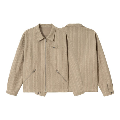 Unisex Textured Zip Blouson Jacket in Boxy Cut with Shirt Collar and Diagonal Zipper Pockets EVA-US