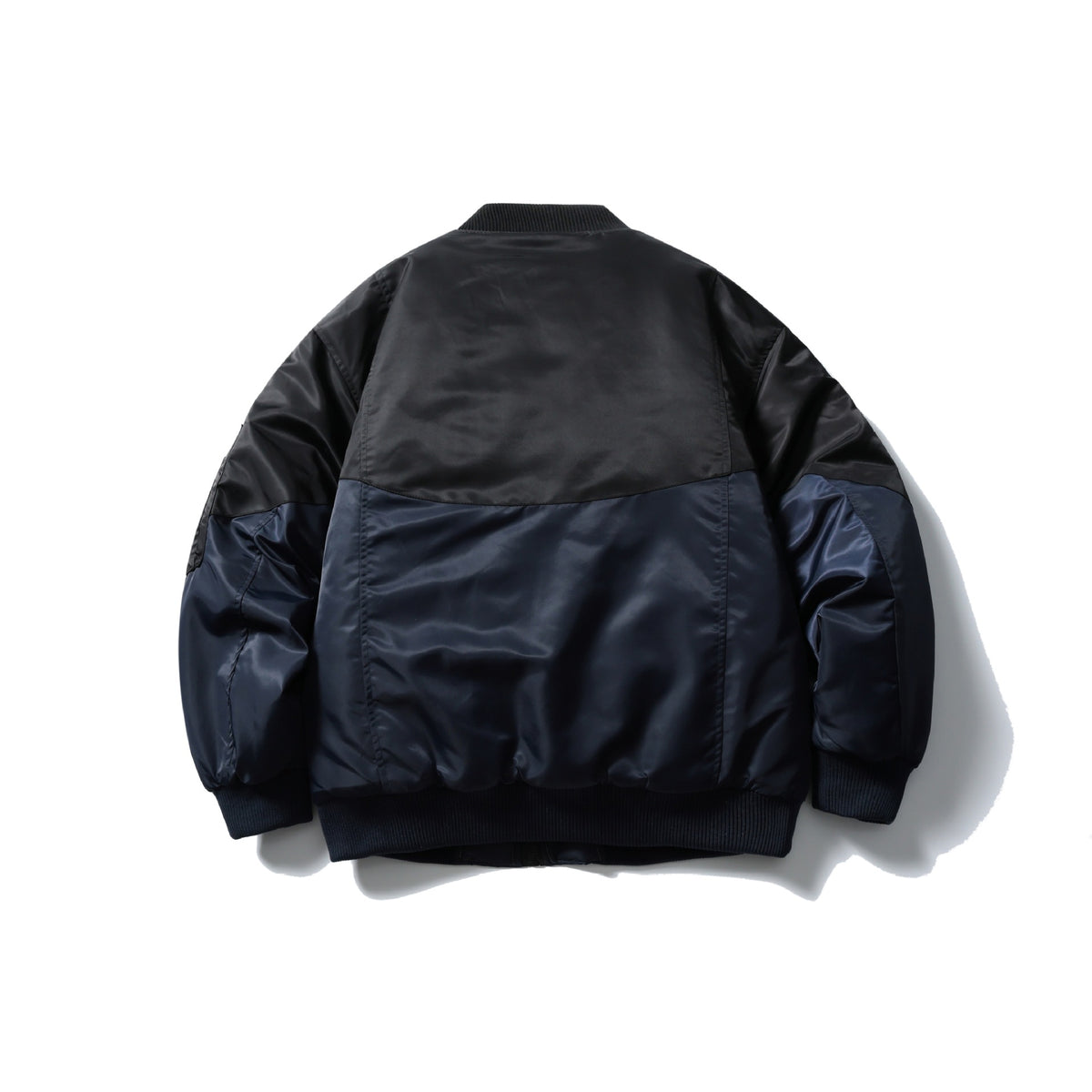 Unisex Short Cut Two-Tone Nylon Bomber Jacket with Utility Flap Pockets and Sleeve Zipper EVA-US