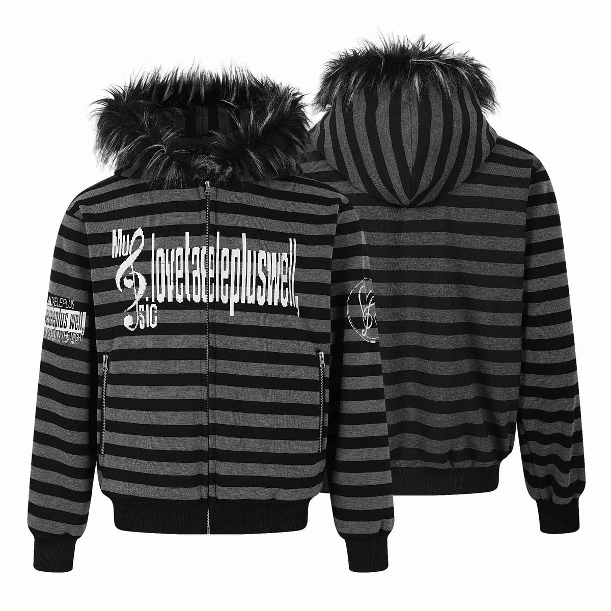 Unisex Striped Hooded Jacket with Faux Fur Hood and Zipper Pockets EVA-US