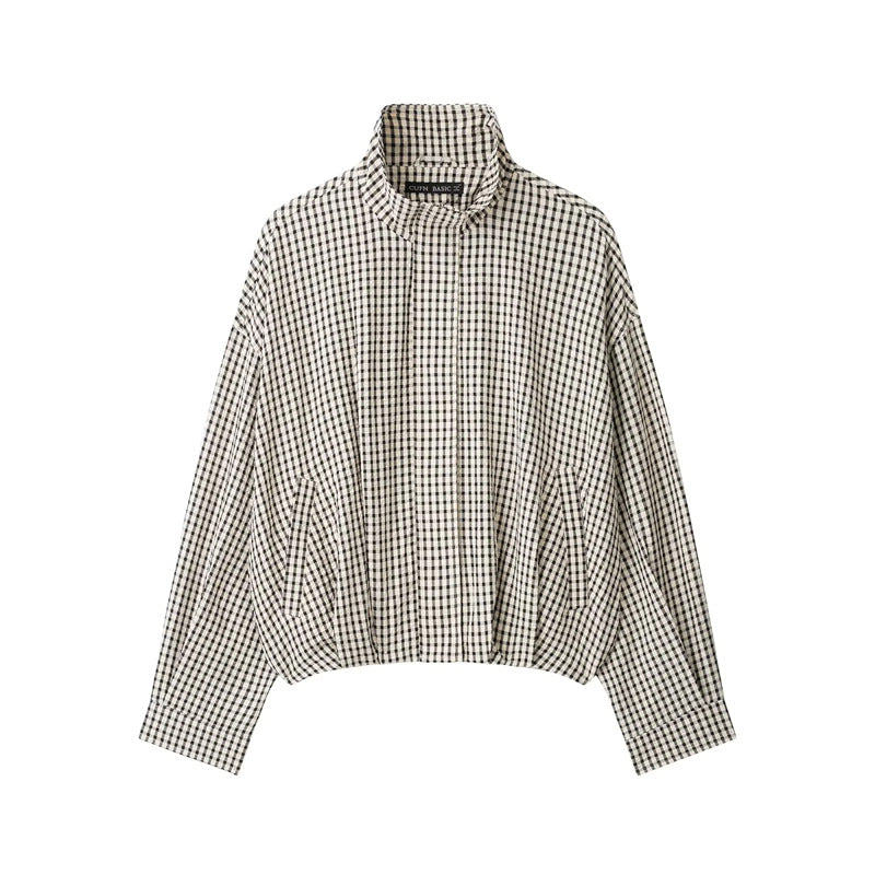 Women’s short-cut checked blouson jacket with stand-up collar, elastic hem, and concealed zipper EVA-US