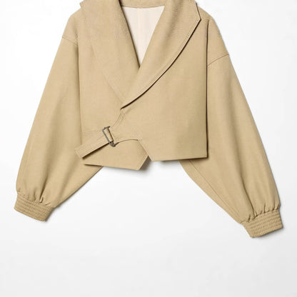 Women Cropped Trench Coat with Wide Shawl Collar, Tie Belt and Balloon Sleeves EVA-US