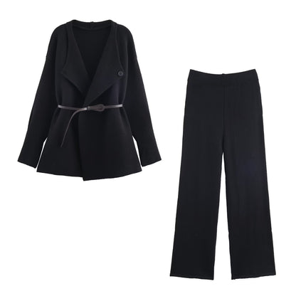 Women's Two-Piece Fine Knit Set with Shawl Collar Cardigan and High-Waist Wide Leg Pants EVA-US
