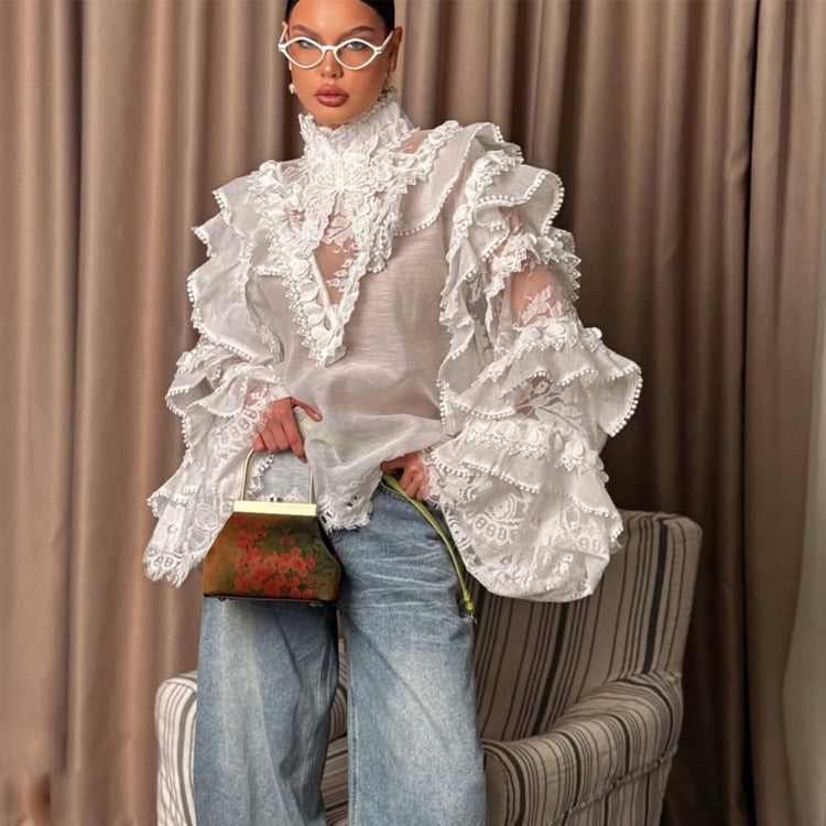 Women's Transparent Lace Blouse with Ruffle Sleeves and High Stand-Up Collar EVA-US