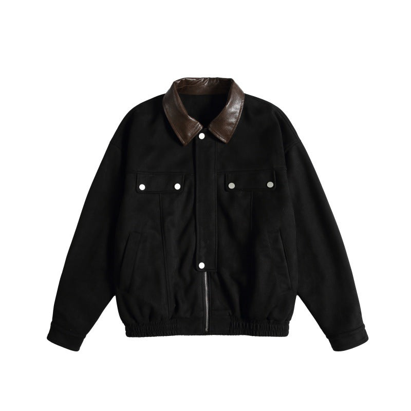 Women's short cut boxy bomber jacket with contrasting faux leather collar EVA-US